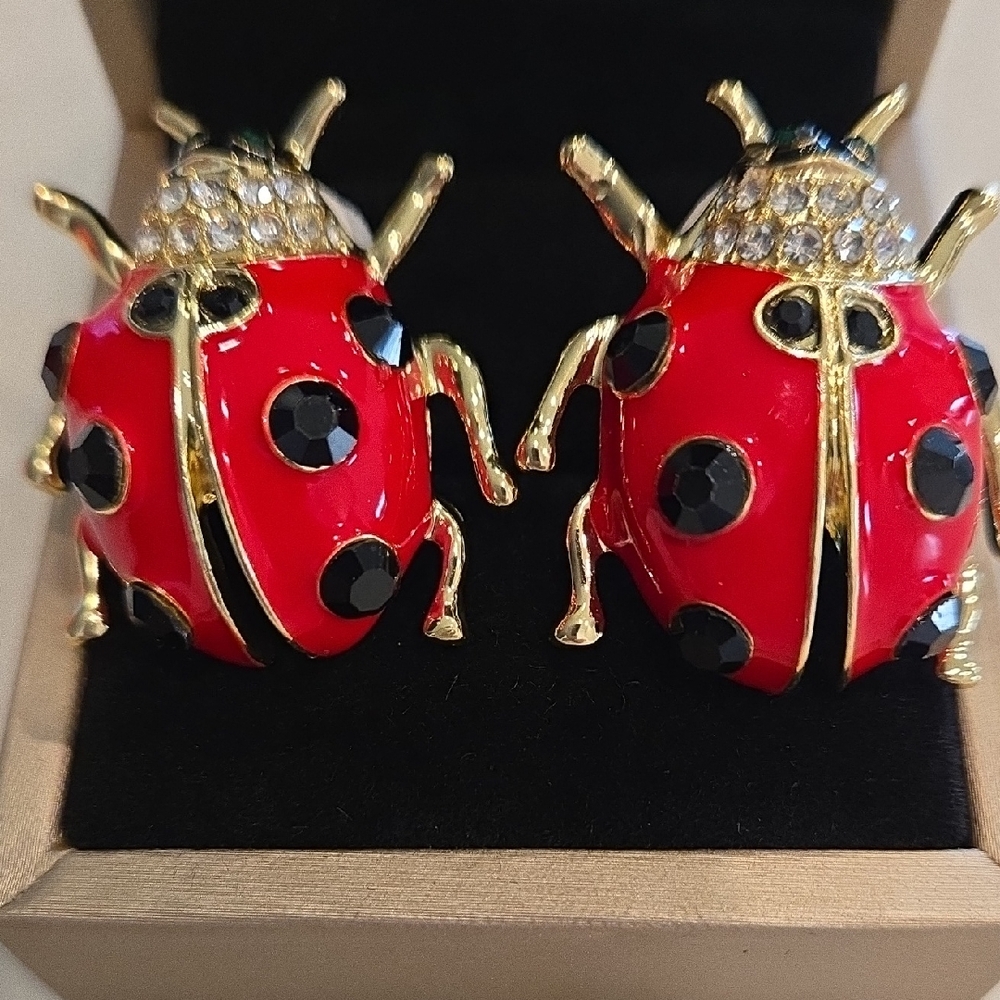Red Bold Ladybug Crystal Enamel Earrings with Gold Accents New